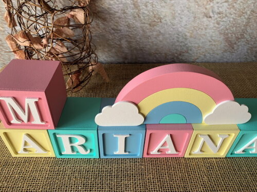 Decoração Bebê Candy Colors - Cubos 6x6cm Ts + Arco Íris.