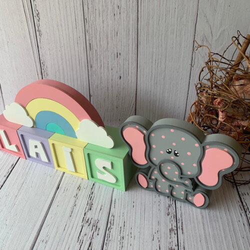 Decoração Bebê Candy Cubos 6x6cm Ts + Arco Íris+ Elefante Pi