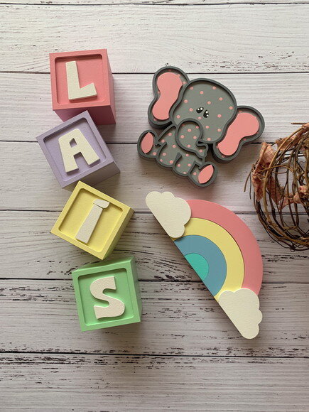 Decoração Bebê Candy Cubos 6x6cm Ts + Arco Íris+ Elefante Pi