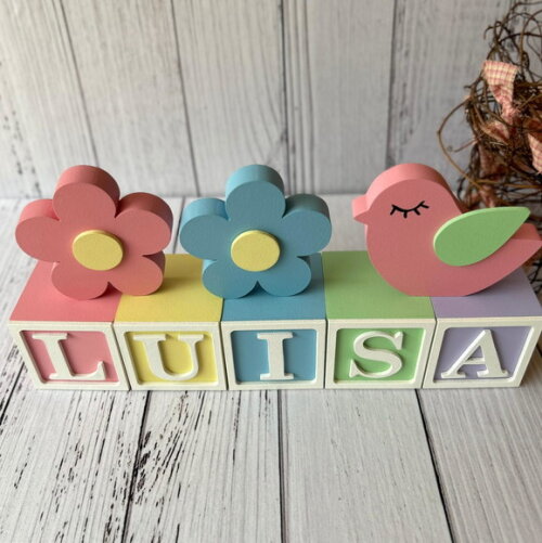 Decoração Bebê Cubos 6x6cmcandy T+dupla de Flor e Passarinho