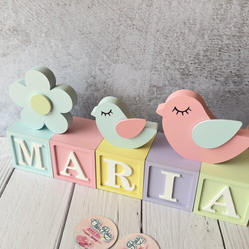 Flor e Passarinhos + Cubos 6x6cm Ts - Pastel Decoração Bebê