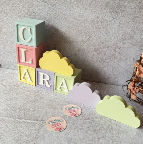 Nuvem Trio Decoração Bebê + Cubos 6x6cm Pastel Ts
