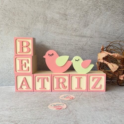 Passarinho + Cubos 6x6cm Ts - Decoração Bebê e Maternidade