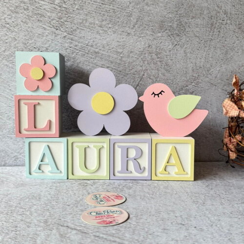 Passarinho e Flor Cubos 6x6cms Decoração Bebê e Maternidade