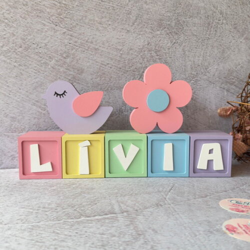 Passarinho e Flor Cubos 6x6cmts Decoração Bebê e Maternidade