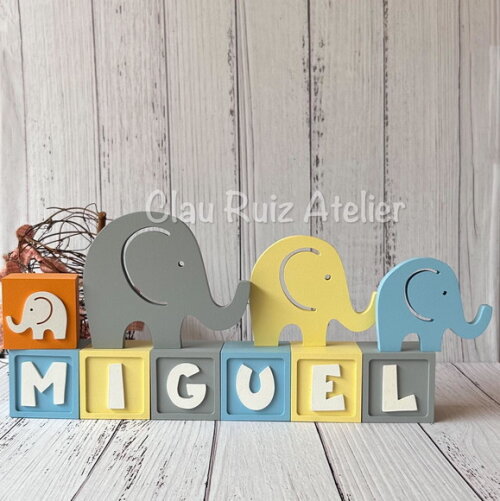 Trio de Elefantes + Cubos 6x6cm Ts Decoração Bebê