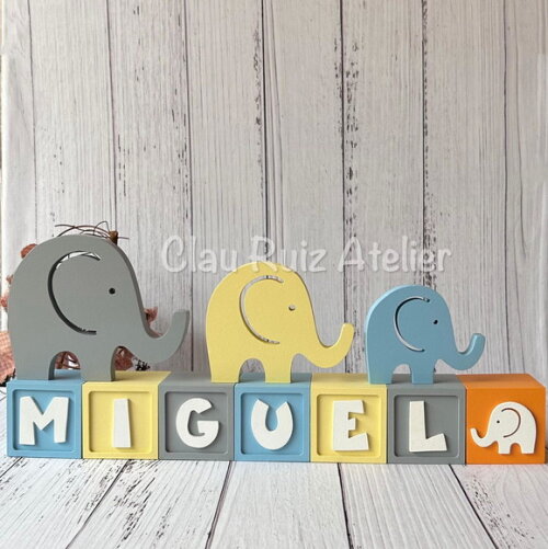 Trio de Elefantes + Cubos 6x6cm Ts Decoração Bebê