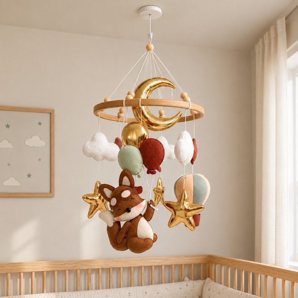 Móbile Raposa Aviador em Feltro para Berço | Decoração Bebê