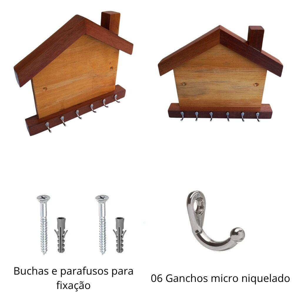 Porta Chaves De Parede Casinha Com 6 Ganchos Em Madeira Artesanal