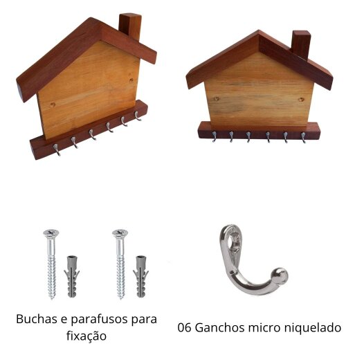 Porta Chaves De Parede Casinha Com 6 Ganchos Em Madeira Artesanal