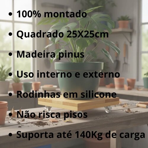 Suporte Para Vaso De Plantas Quadrado 25 cm Com Rodízio Gel