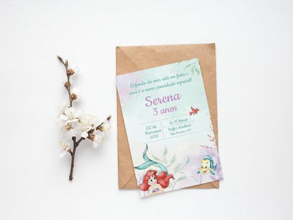 Convite Digital Personalizado a Pequena Sereia Aquarela