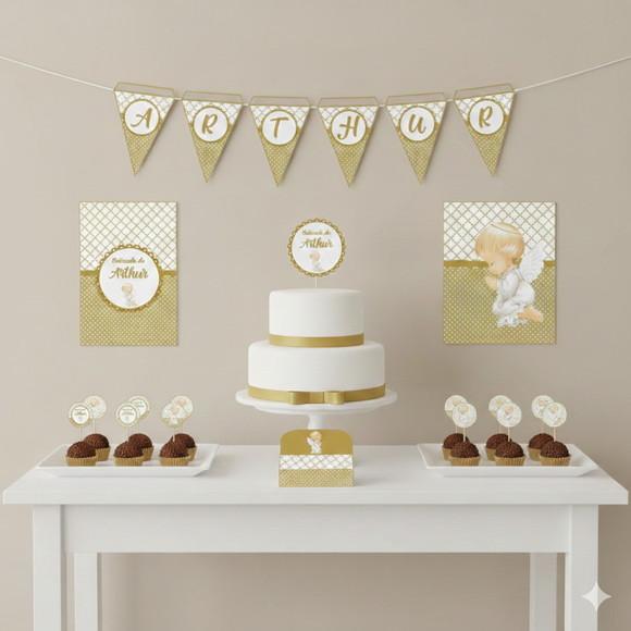 Kit Festa Personalizada Batizado Dourado - 39 Itens