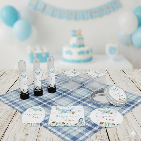 Kit Personalizado Latinha, Tubete, Caixinha o Tempo Voa Azul