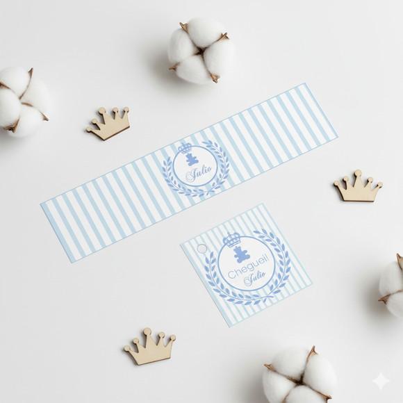 Rótulo Água Personalizado Ursinho Branco e Azul com Tag