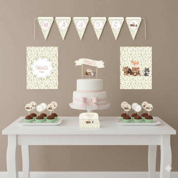 Kit Festa Personalizada Bosque Aquarela - 39 Itens