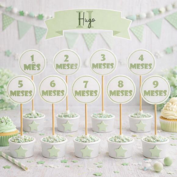 Kit 12 Topos Bolo Mesversário Personalizado Verde