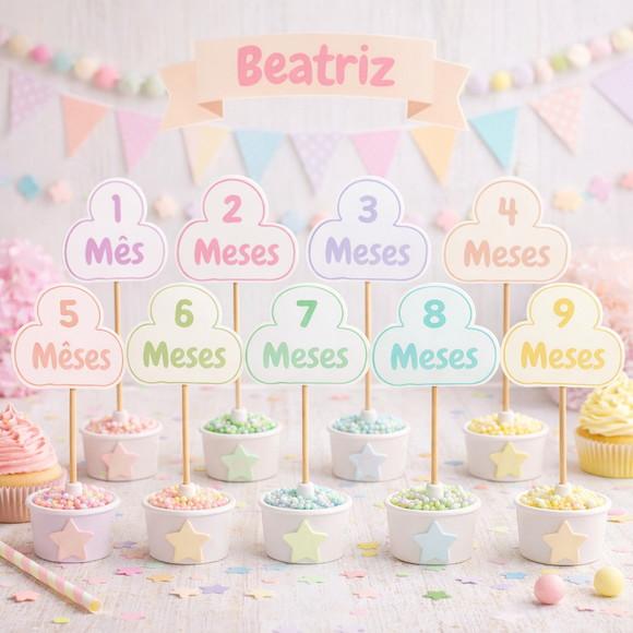Kit 12 Topos de Bolo Mesversário Personalizado Colorido