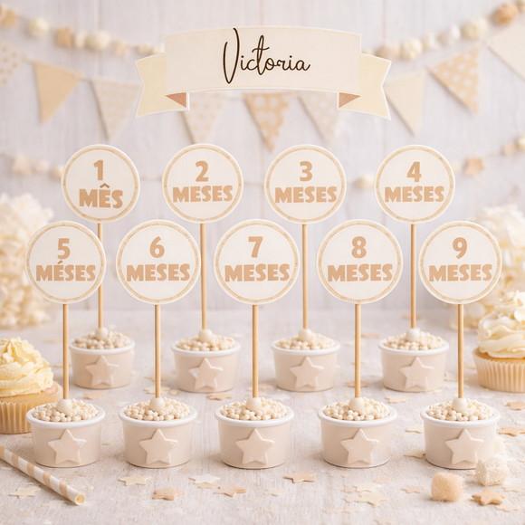 Kit 12 Topos Bolo Mesversário Personalizado Bege