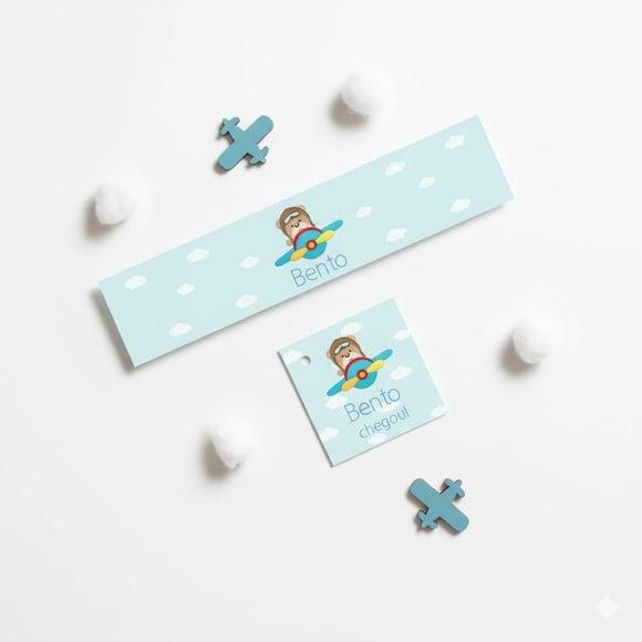 Rótulo Água Personalizado Ursinho Aviador com Tag - Mod 2
