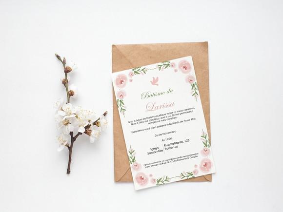 Convite Digital Personalizado Batizado Floral Minimalista