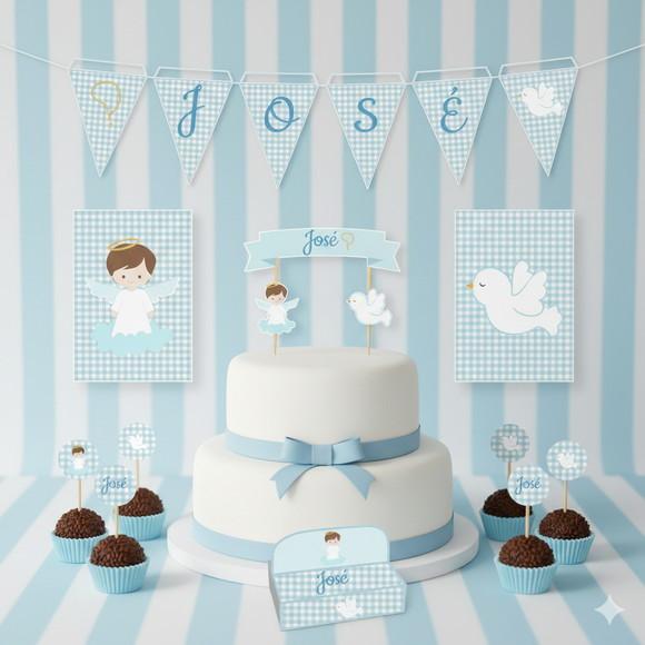 Kit Festa Personalizada Batizado Azul - 39 Peças