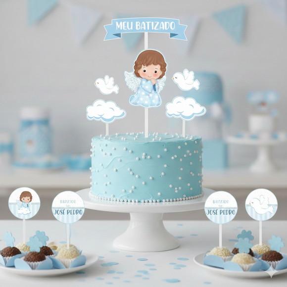 Topo de Bolo Personalizado Batizado Azul com Topper Docinho