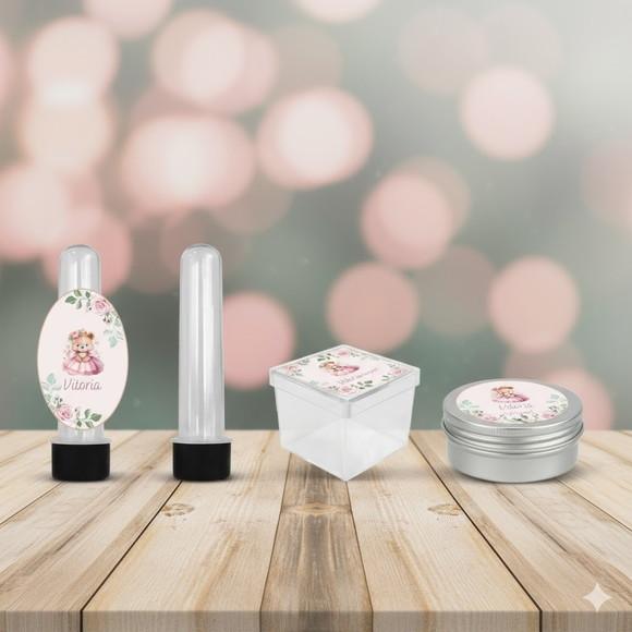 Kit Personalizado Latinha, Tubete, Caixinha Ursinha Princesa