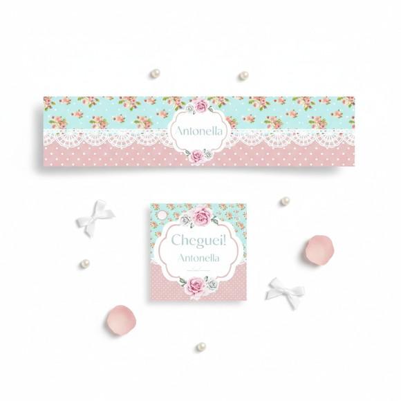 Rótulo Água Personalizado Floral Rosa e Azul com Tag