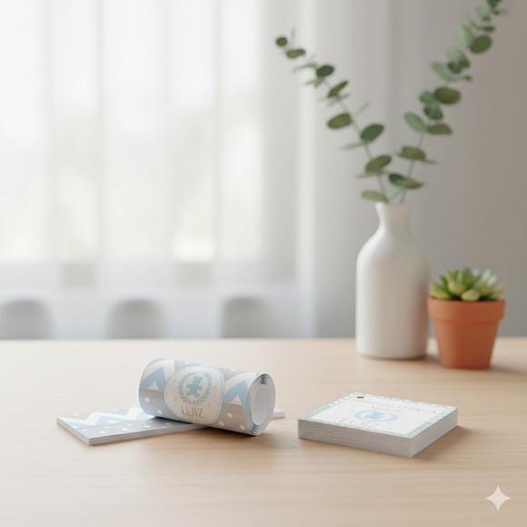 Rótulo Água Personalizado Ursinho Azul e Cinza com Tag