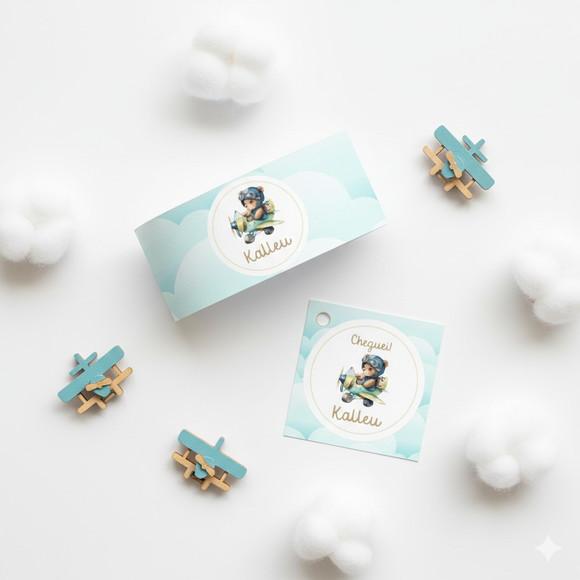 Rótulo Água Personalizado Ursinho Aviador com Tag