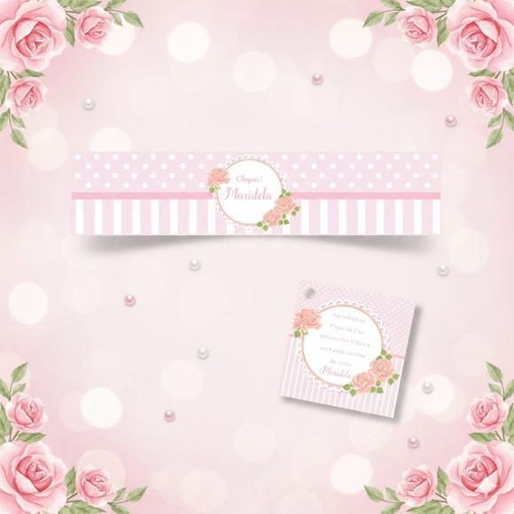 Rótulo Água Personalizado Floral Rosa e Branco com Tag