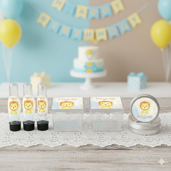 Kit Personalizado Latinha, Tubete, Caixa Acrílica Leãozinho