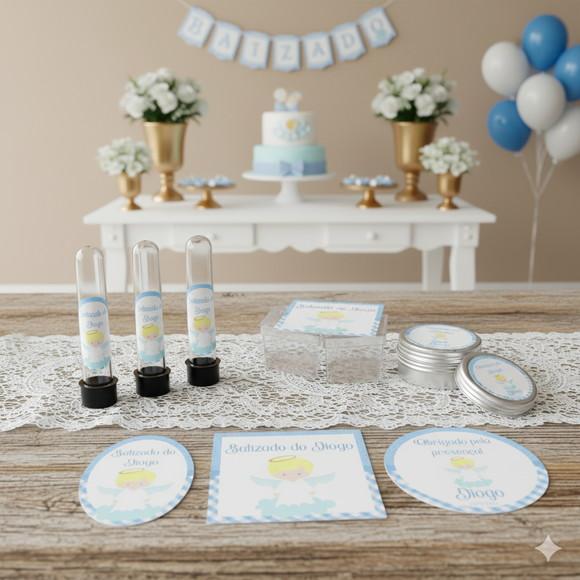 Kit Personalizado Latinha, Tubete, Caixinha Batizado Azul