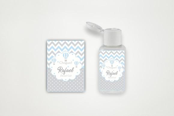 Rótulo Personalizado Álcool Gel Balão Azul, Branco e Cinza