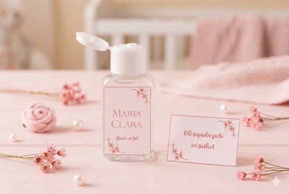 Rótulo Personalizado Álcool Gel Floral Rosa e Tag