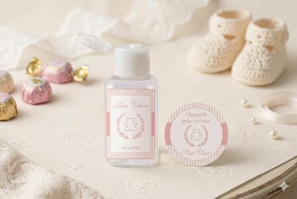 Rótulo Personalizado Álcool Gel Ursinha Rosa e Branco e Tag