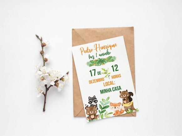 Convite Digital Personalizado Animais do Bosque Aquarela