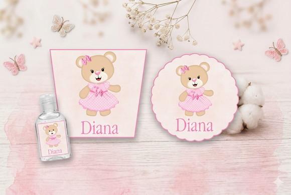 Rótulo Personalizado Álcool Gel Ursinha Rosa e Tag