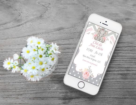 Convite Digital Personalizado Chá de Bebê Elefante Rosa