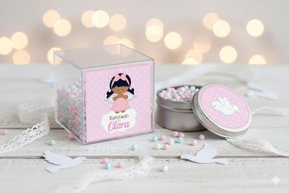Adesivos Personalizados Batizado Rosa Latinha e Caixinha 5cm