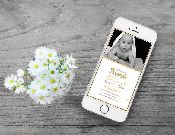 Convite Digital Personalizado Batizado Dourado com Foto