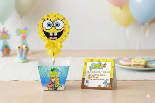 Centro de Mesa Personalizado Bob Esponja com Cartão de Mesa