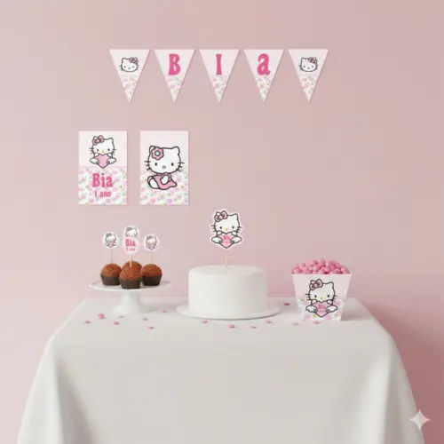 Kit Festa Personalizada Hello Kitty Rosa - Tamanho P