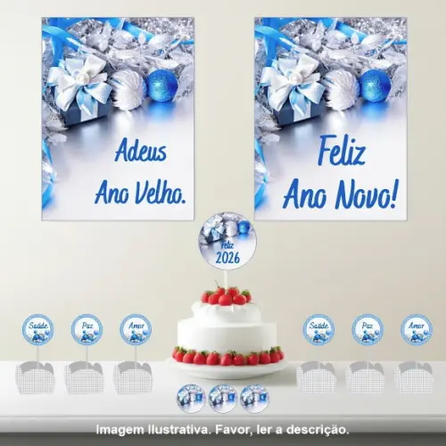 Kit Festa Personalizada Ano Novo Azul e Prata - 33 Itens