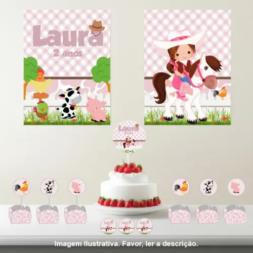Kit Festa Personalizada Fazendinha Rosa - 33 Itens