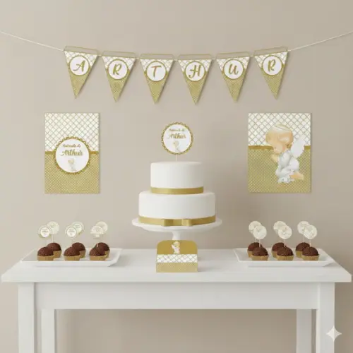 Kit Festa Personalizada Batizado Dourado - 39 Itens