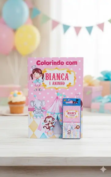 Revista Colorir Personalizada Circo Rosa e Giz de Cera