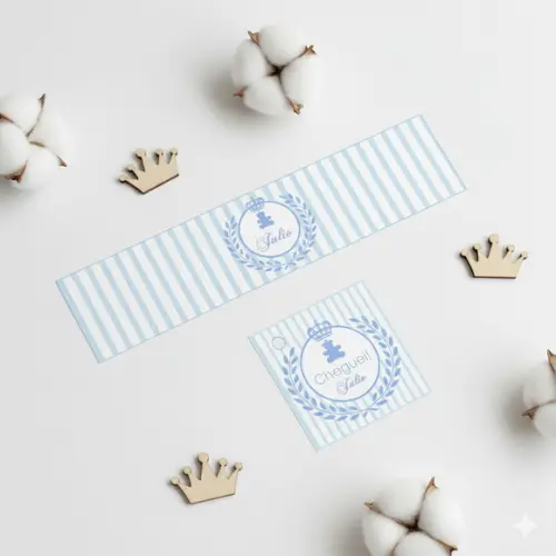 Rótulo Água Personalizado Ursinho Branco e Azul com Tag