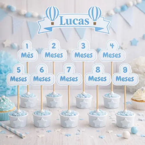 Kit 12 Topos Bolo Mesversário Personalizado Balão